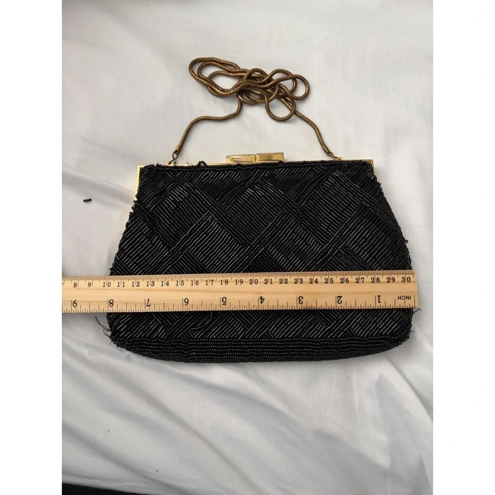 Vintage Marshall‎ Fields Black Beaded Clutch Hand Made Evening Bag Gold Chain